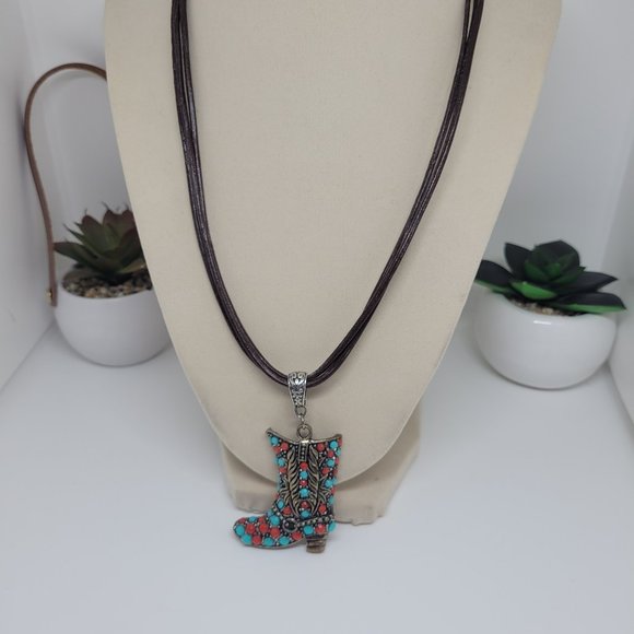 3 Strand Distressed Leather Necklace with Cowboy Boot Pendant - Picture 1 of 6